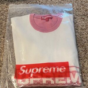 Supreme Pink and White Crewneck with Red Logo